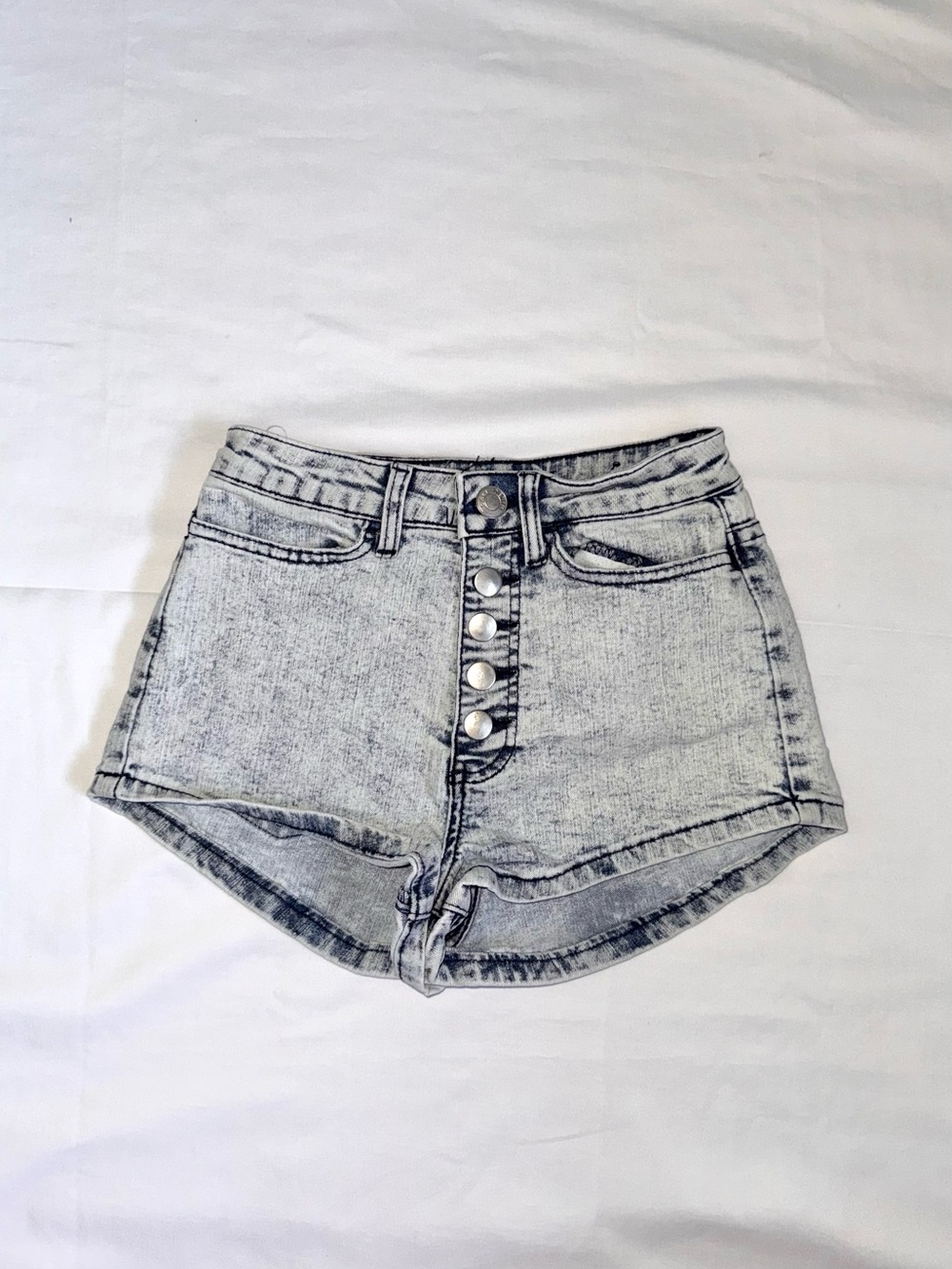 High-Rise Light Gray Denim Button-Front Women's Shorts